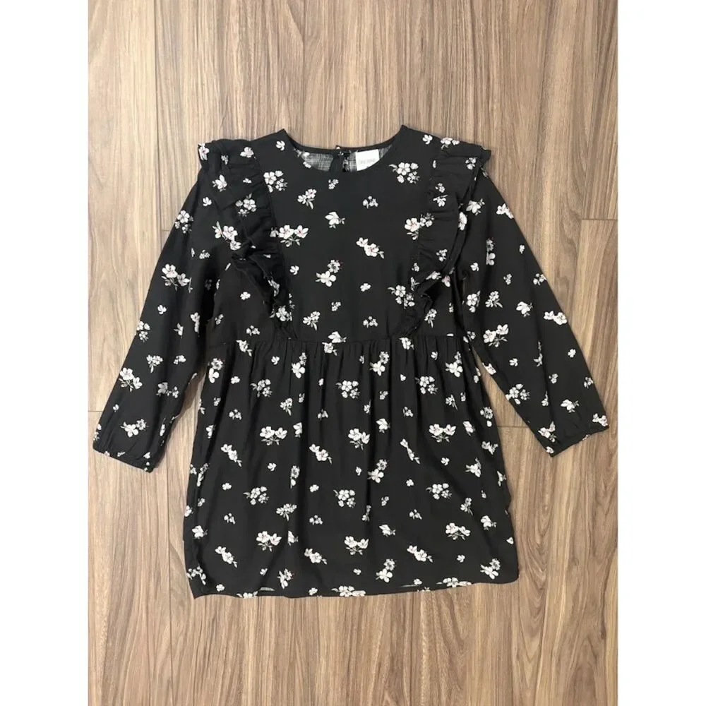 Okie Dokie Girls Size 6 Black Floral Ruffle Long Sleeve Dress